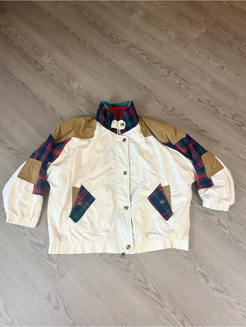 Westbound White Ski Jacket with Tan Accents & Red-Green Plaid